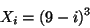 \begin{displaymath}
X_{i} = ( 9 - i )^{3} %%(3a)
\end{displaymath}