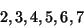 \begin{displaymath}
2, 3, 4, 5, 6, 7 %% (7a)
\end{displaymath}
